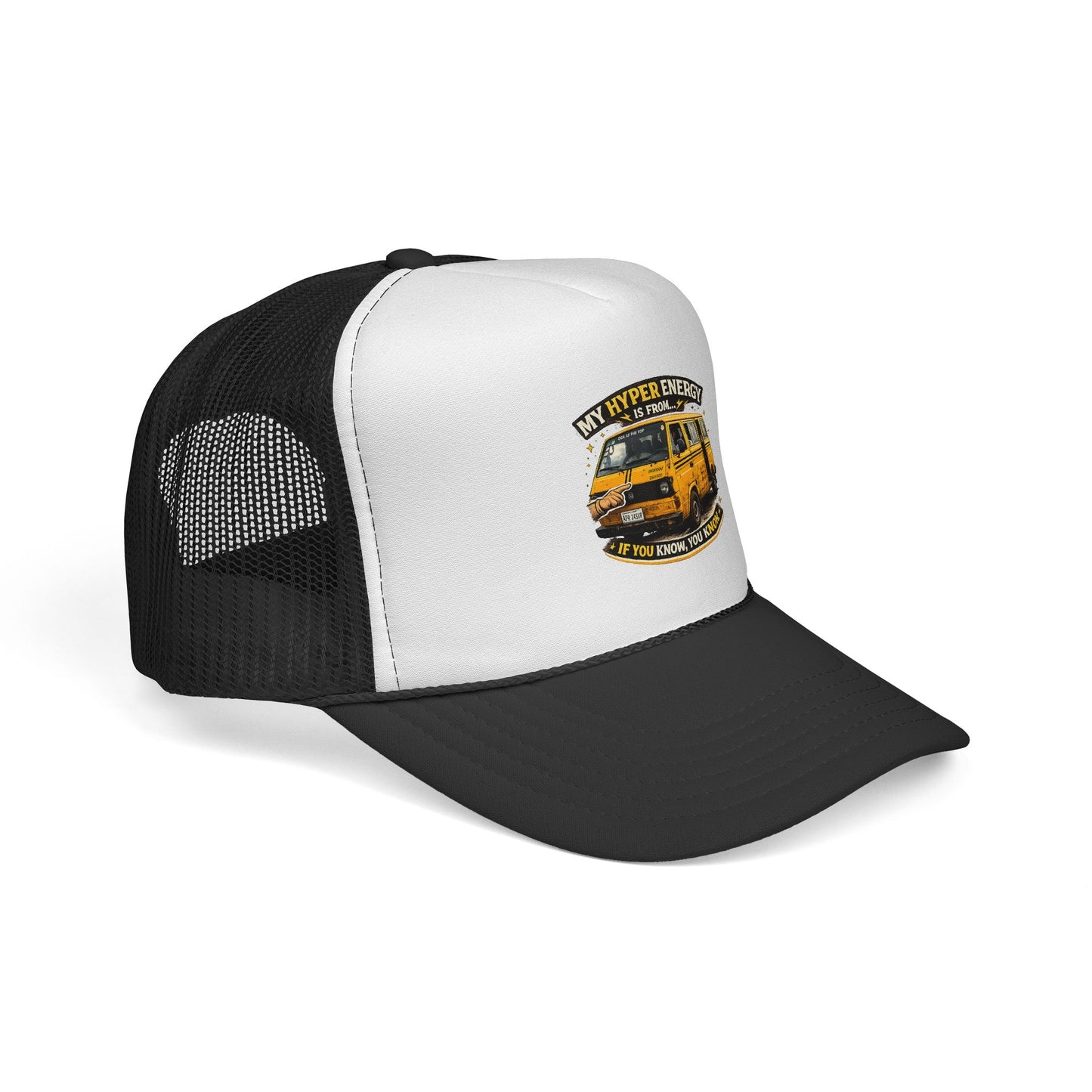 Vintage Yellow Van Trucker Cap — "My Hyper Energy Is From..." Retro Roadtrip Hat