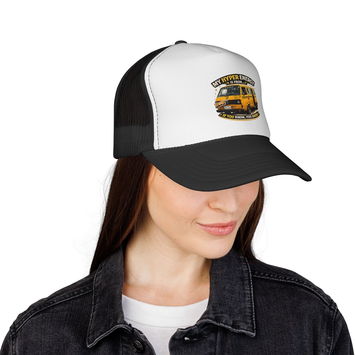 Vintage Yellow Van Trucker Cap — "My Hyper Energy Is From..." Retro Roadtrip Hat