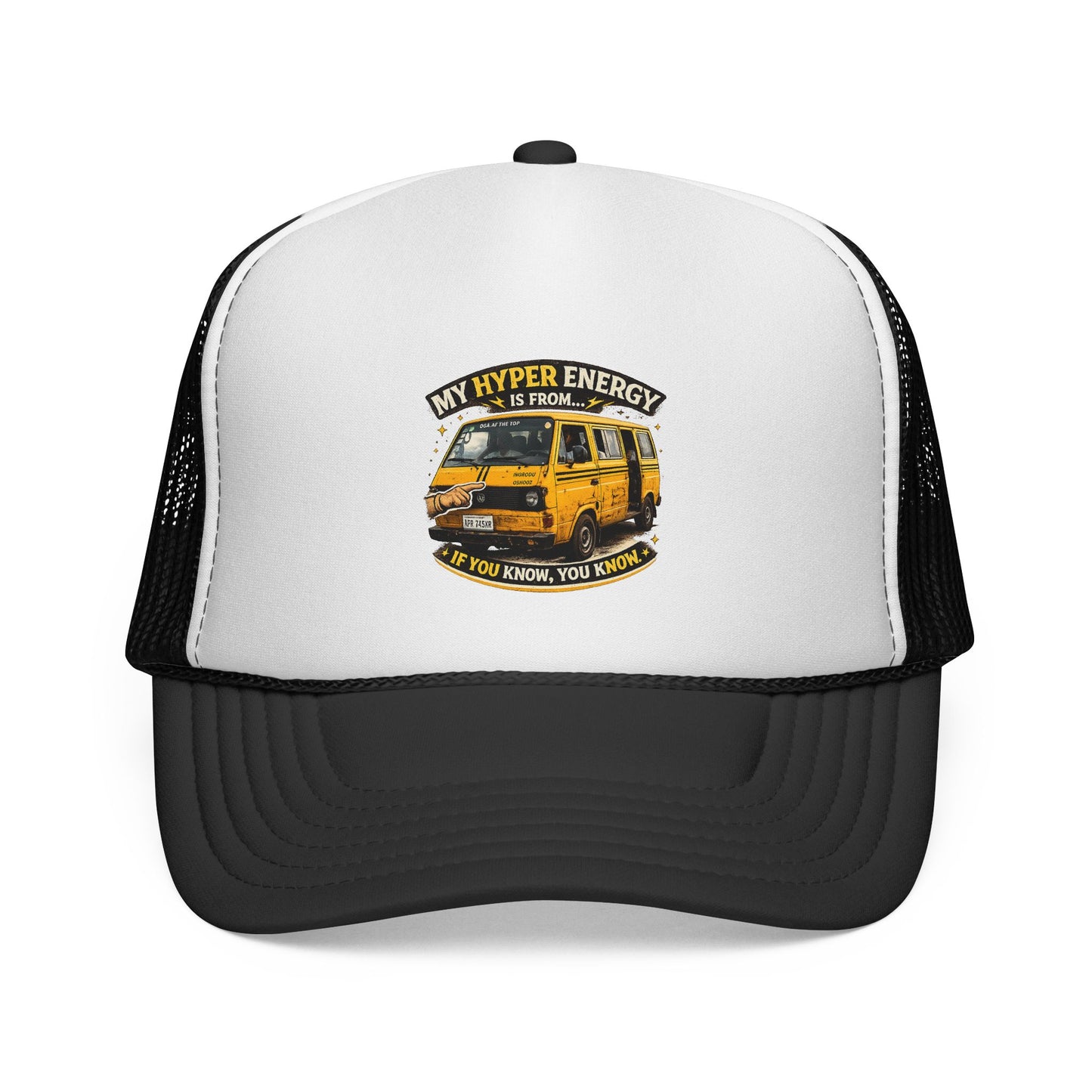 Vintage Yellow Van Trucker Cap — "My Hyper Energy Is From..." Retro Roadtrip Hat